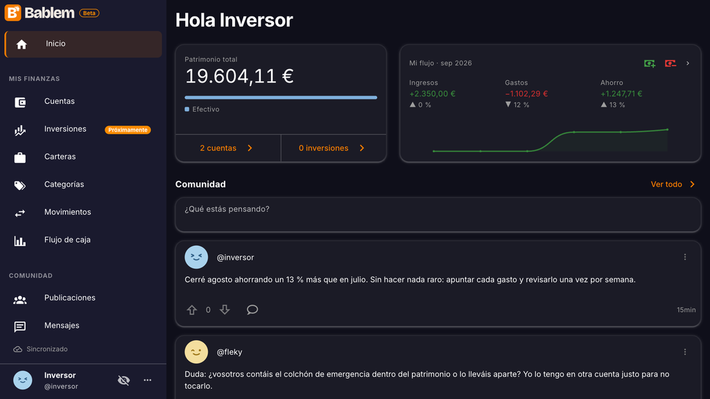 Inicio de Bablem: patrimonio total, flujo del mes y comunidad