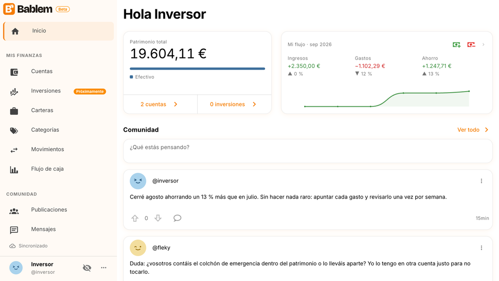 Inicio de Bablem: patrimonio total, flujo del mes y comunidad
