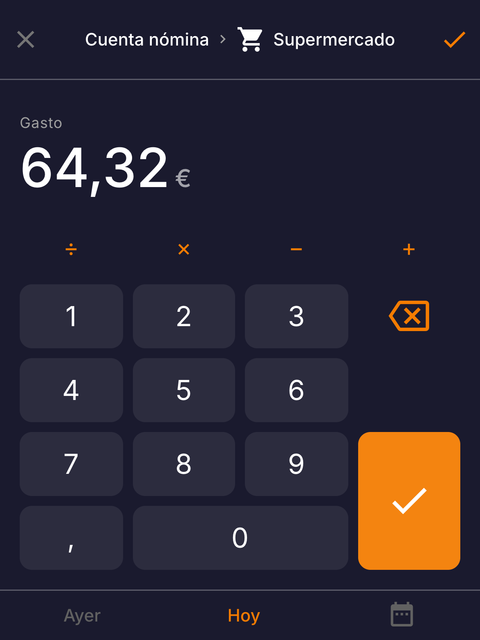 Captura rápida de un gasto en Bablem: Cuenta nómina, Supermercado, 64,32 € y el teclado numérico