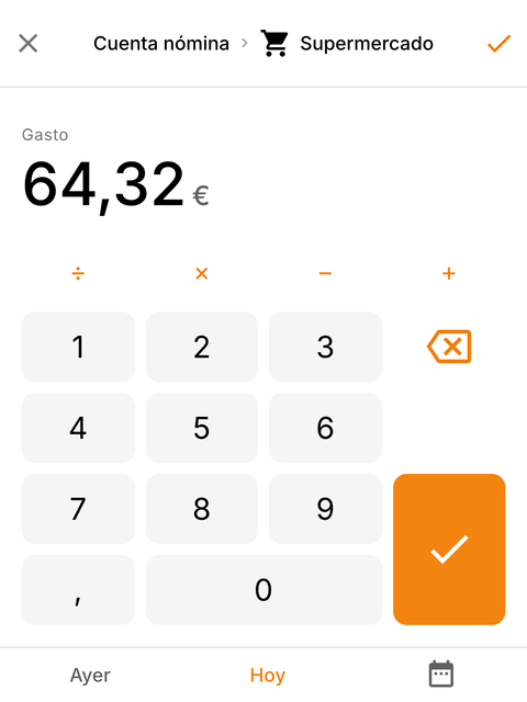 Captura rápida de un gasto en Bablem: Cuenta nómina, Supermercado, 64,32 € y el teclado numérico